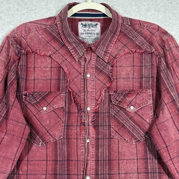 Levis Shirt Men Large Pearl Snap Selvedge Western Yoke Utility Red Plaid Raw Hem - Picture 1 of 13